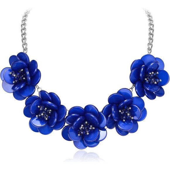 🆕 Women Blue Flower Choker Necklace Summer Beach Collar Bib Prom Dress Jewelry - Picture 1 of 5